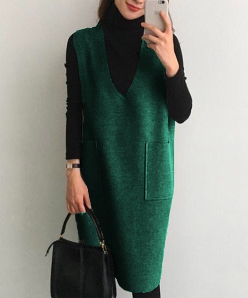 Chaco closet（チャコ クローゼット）の「フェイクウールノースリーブVネックワンピース（ワンピース・レディース・ブラック/グレー/ブルー/グリーン・M/L/XL）」の11枚目の写真