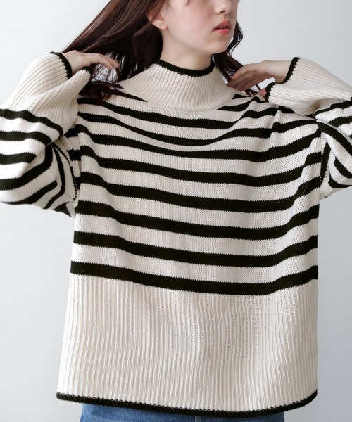 Bou Jeloud(ブージュルード)の「【WEB限定】ボーダータートルニット(ニット/セーター・レディース・ホワイト系その他/カーキ/レッド・FREE)」の2枚目の写真