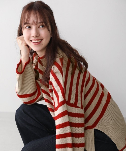 Bou Jeloud(ブージュルード)の「【WEB限定】ボーダータートルニット(ニット/セーター・レディース・ホワイト系その他/カーキ/レッド・FREE)」の1枚目の写真