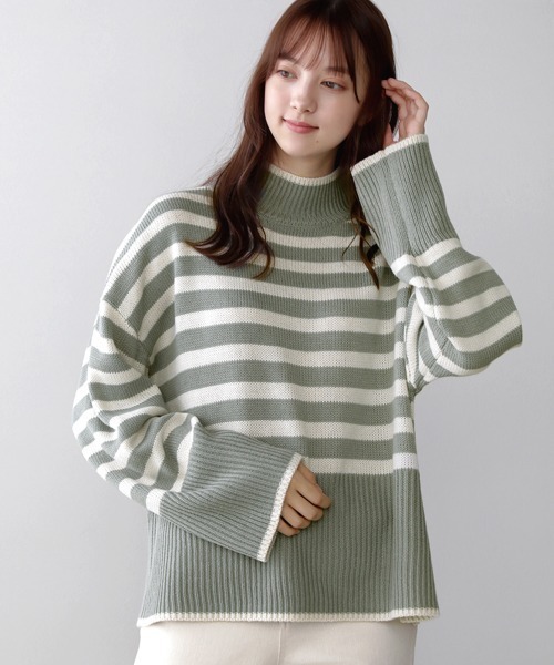 Bou Jeloud(ブージュルード)の「【WEB限定】ボーダータートルニット(ニット/セーター・レディース・ホワイト系その他/カーキ/レッド・FREE)」の3枚目の写真