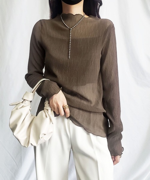 me+em select（ミームセレクト）の「※※【 新色追加 】楊柳シアーハイネックメロートップス（Tシャツ/カットソー・レディース・パープル/ブラック/アイボリー/ライトグリーン/ブラウン/チャコール・MEDIUM）」の5枚目の写真