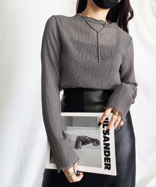 me+em select（ミームセレクト）の「※※【 新色追加 】楊柳シアーハイネックメロートップス（Tシャツ/カットソー・レディース・パープル/ブラック/アイボリー/ライトグリーン/ブラウン/チャコール・MEDIUM）」の4枚目の写真