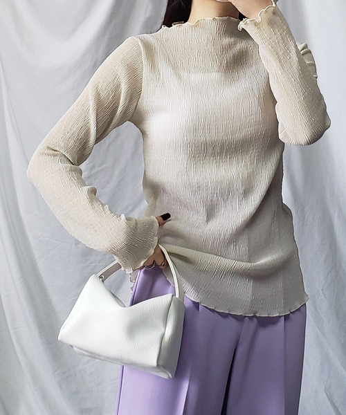 me+em select（ミームセレクト）の「※※【 新色追加 】楊柳シアーハイネックメロートップス（Tシャツ/カットソー・レディース・パープル/ブラック/アイボリー/ライトグリーン/ブラウン/チャコール・MEDIUM）」の7枚目の写真