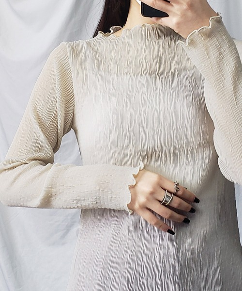 me+em select（ミームセレクト）の「※※【 新色追加 】楊柳シアーハイネックメロートップス（Tシャツ/カットソー・レディース・パープル/ブラック/アイボリー/ライトグリーン/ブラウン/チャコール・MEDIUM）」の9枚目の写真