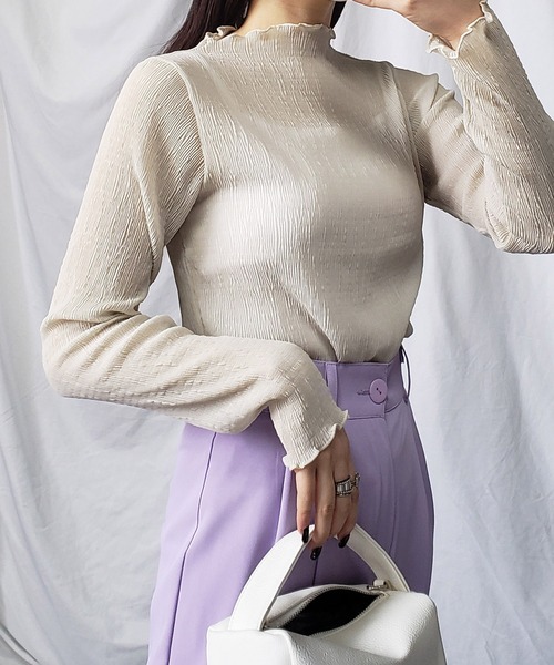 me+em select（ミームセレクト）の「※※【 新色追加 】楊柳シアーハイネックメロートップス（Tシャツ/カットソー・レディース・パープル/ブラック/アイボリー/ライトグリーン/ブラウン/チャコール・MEDIUM）」の8枚目の写真