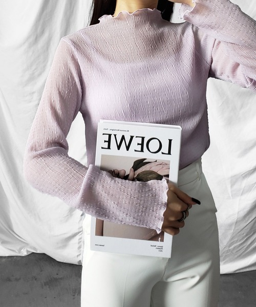 me+em select（ミームセレクト）の「※※【 新色追加 】楊柳シアーハイネックメロートップス（Tシャツ/カットソー・レディース・パープル/ブラック/アイボリー/ライトグリーン/ブラウン/チャコール・MEDIUM）」の10枚目の写真