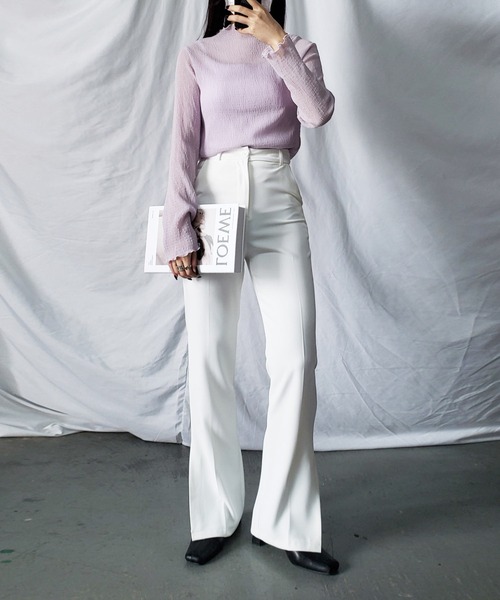 me+em select（ミームセレクト）の「※※【 新色追加 】楊柳シアーハイネックメロートップス（Tシャツ/カットソー・レディース・パープル/ブラック/アイボリー/ライトグリーン/ブラウン/チャコール・MEDIUM）」の12枚目の写真