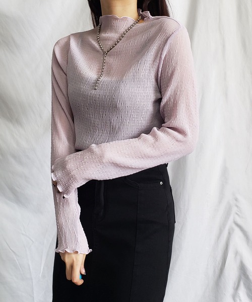 me+em select（ミームセレクト）の「※※【 新色追加 】楊柳シアーハイネックメロートップス（Tシャツ/カットソー・レディース・パープル/ブラック/アイボリー/ライトグリーン/ブラウン/チャコール・MEDIUM）」の19枚目の写真