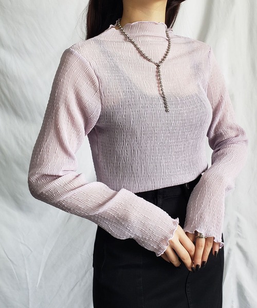 me+em select（ミームセレクト）の「※※【 新色追加 】楊柳シアーハイネックメロートップス（Tシャツ/カットソー・レディース・パープル/ブラック/アイボリー/ライトグリーン/ブラウン/チャコール・MEDIUM）」の21枚目の写真