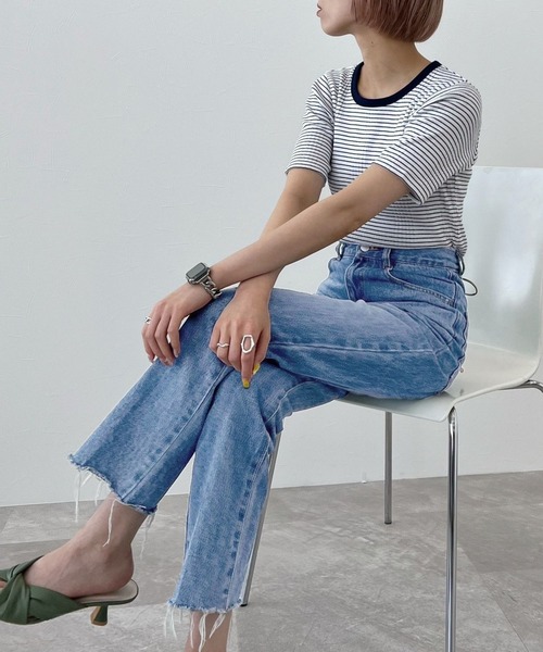 mysty woman（ミスティウーマン）の「ピンボーダーリンガーT 274918（Tシャツ/カットソー・レディース・ブラック/オフホワイト/オレンジ/グリーン・FREE）」の20枚目の写真