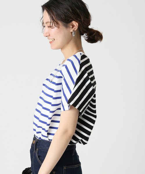 B.C STOCK(ベーセーストック)の「クレイジーボーダードルマンチュニック(Tシャツ/カットソー・レディース・ブラック/ブルー系その他・FREE)」の1枚目の写真