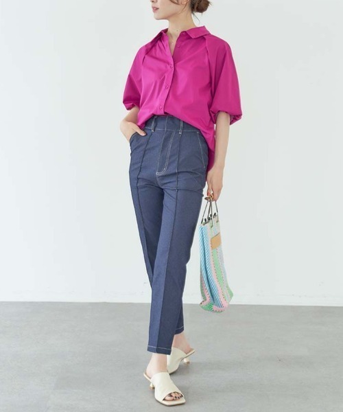 koe(コエ)の「ハイウエストデニムストレートパンツ*(デニムパンツ・レディース・ブラック/ピンク/インディゴブルー/グリーン・S/M)」の3枚目の写真