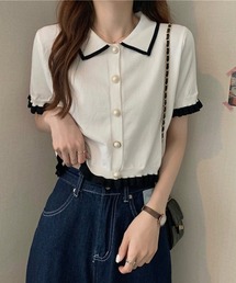 urge：（アージコロン ）の「【URGE：】半袖 パール ボタン ニット カーディガン（Tシャツ/カットソー）」