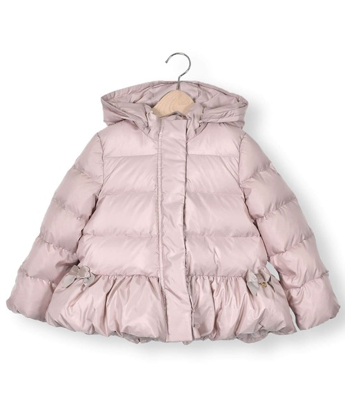 Tartine et Chocolat（タルティーヌエショコラ）の「TartineetChocolat/インスパイアタフタ取り外し可能フード付きリボン裾フリルショートダウンコート(90~140cm)（ダウンジャケット/コート・キッズ・ネイビー/ピンク・130/90/100/120/110/140）」の2枚目の写真