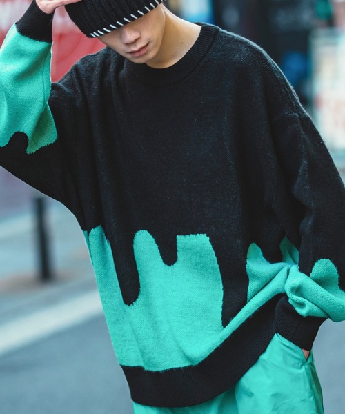 SIDEWAY STANCE（サイドウェイスタンス）の「【SIDEWAY STANCE】モヘアタッチ 総柄 クルーネック ニットセーター（ニット/セーター・メンズ・ブラック/ベージュ/ブルー/グリーン/ブラウン×イエロー/ブラック×グリーン/イエロー×グレー/A/B/C・MEDIUM/LARGE）」の3枚目の写真