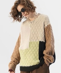 MODITEC | 【MODITEC/モディテック】Patchwork Knitwear/パッチワーク セーター ニット ステッチ デザイン バッジ オーバーサイズ 秋服 冬服(ニット/セーター)
