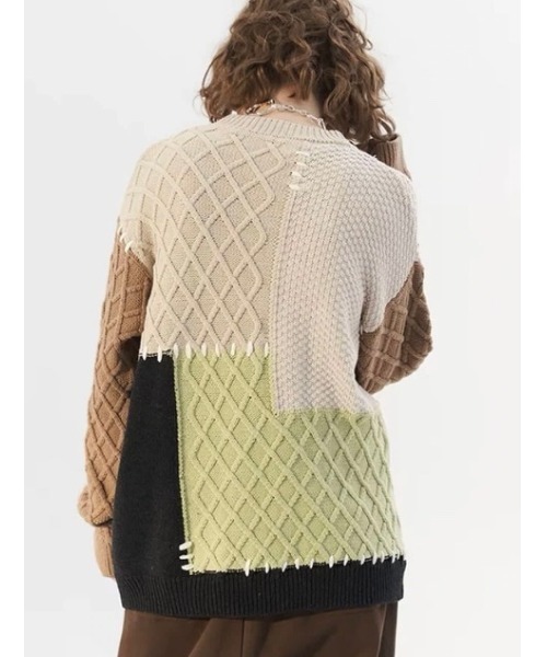 MODITEC（モディテック）の「【MODITEC/モディテック】Patchwork Knitwear/パッチワーク セーター ニット ステッチ デザイン バッジ オーバーサイズ 秋服 冬服（ニット/セーター・メンズ・ブラウン・L）」の5枚目の写真