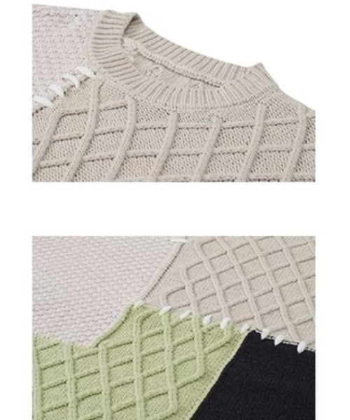 MODITEC（モディテック）の「【MODITEC/モディテック】Patchwork Knitwear/パッチワーク セーター ニット ステッチ デザイン バッジ オーバーサイズ 秋服 冬服（ニット/セーター・メンズ・ブラウン・L）」の4枚目の写真