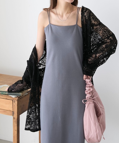 BONLECILL（ボンルシール）の「カップ付き ダブルストラップ キャミワンピース（ワンピース・レディース・ブラック/ブルー/ライトグレー/ブラウン/グリーン/オレンジ/ブルーグレー/チャコールグレー/オートミール・FREE）」の4枚目の写真