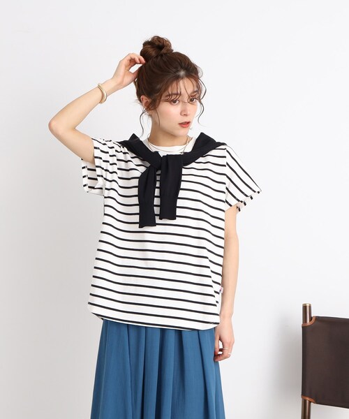 SHOO・LA・RUE（シューラルー）の「◆大人カジュアルの抜け感コーデに【USAコットン】フレンチスリーブTシャツ（Tシャツ/カットソー・レディース・ブルー/ブラック/ピンク系その他/ホワイト/ブラック系2・00）」の3枚目の写真