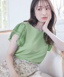 テレコリブ異素材フレアー袖トップス