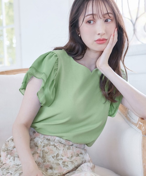 alotta（アロッタ）の「テレコリブ異素材フレアー袖トップス（Tシャツ/カットソー・レディース・オフホワイト/ミント/ブラック・LARGE/XX-LARGE/X-LARGE/MEDIUM）」の3枚目の写真