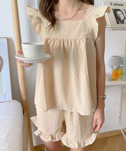 VitaFelice(ヴィータフェリーチェ)の「チェック柄 ルームウェア パジャマ【2点セット】(ルームウェア/パジャマ・レディース・ピンク/ミント/ベージュ・FREE)」の2枚目の写真