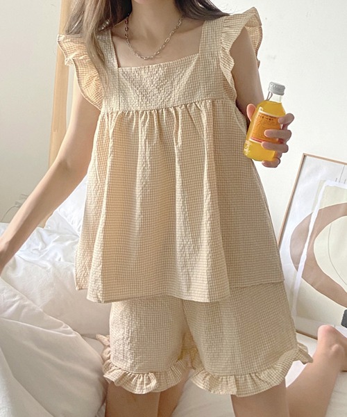 VitaFelice(ヴィータフェリーチェ)の「チェック柄 ルームウェア パジャマ【2点セット】(ルームウェア/パジャマ・レディース・ピンク/ミント/ベージュ・FREE)」の4枚目の写真