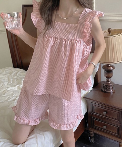 VitaFelice(ヴィータフェリーチェ)の「チェック柄 ルームウェア パジャマ【2点セット】(ルームウェア/パジャマ・レディース・ピンク/ミント/ベージュ・FREE)」の12枚目の写真