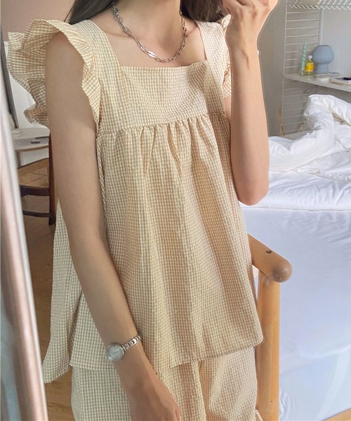 VitaFelice(ヴィータフェリーチェ)の「チェック柄 ルームウェア パジャマ【2点セット】(ルームウェア/パジャマ・レディース・ピンク/ミント/ベージュ・FREE)」の5枚目の写真