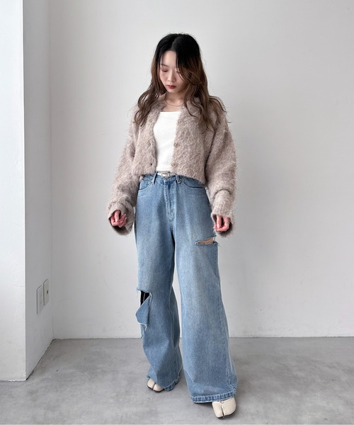 EPIMI E'PIMMY グレー　Ｍ　シャギーショートクルーカーディガン ハンドウォッシャブル】シャギーショートクルーカーディガン