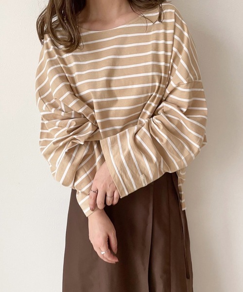 chocomee（チョコミー）の「chocomee tag loose border tops/chocomeeタグlルーズボーダートップス（Tシャツ/カットソー・レディース・ホワイト/ブラウン/ベージュ・FREE）」の3枚目の写真