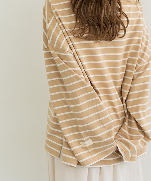 chocomee（チョコミー）の「chocomee tag loose border tops/chocomeeタグlルーズボーダートップス（Tシャツ/カットソー・レディース・ホワイト/ブラウン/ベージュ・FREE）」の17枚目の写真