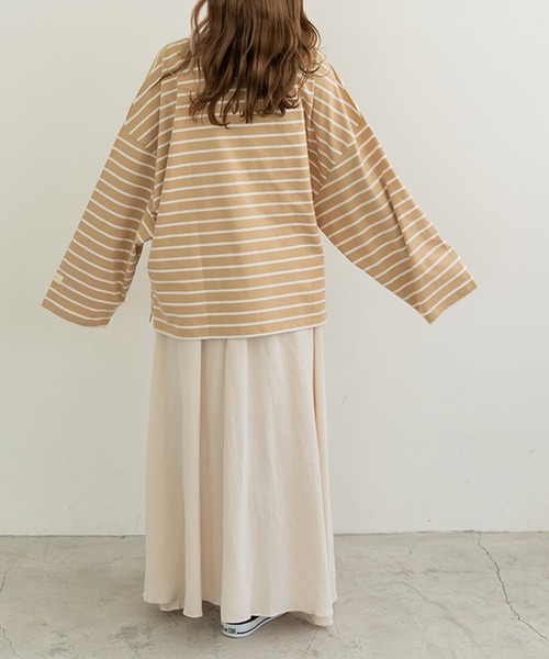 chocomee（チョコミー）の「chocomee tag loose border tops/chocomeeタグlルーズボーダートップス（Tシャツ/カットソー・レディース・ホワイト/ブラウン/ベージュ・FREE）」の10枚目の写真