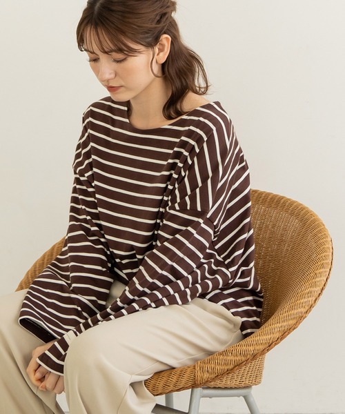 chocomee（チョコミー）の「chocomee tag loose border tops/chocomeeタグlルーズボーダートップス（Tシャツ/カットソー・レディース・ホワイト/ブラウン/ベージュ・FREE）」の15枚目の写真
