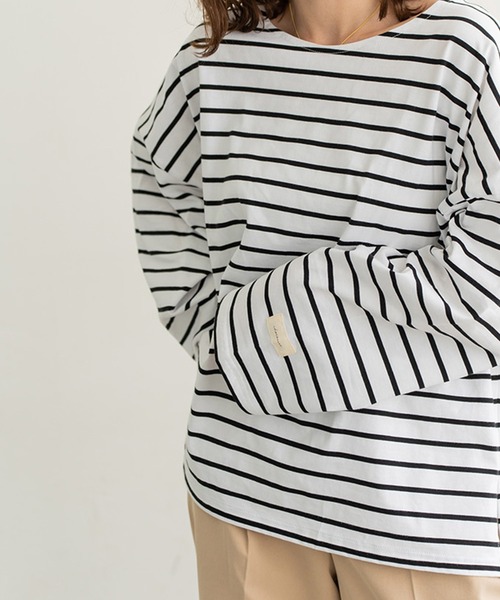 chocomee（チョコミー）の「chocomee tag loose border tops/chocomeeタグlルーズボーダートップス（Tシャツ/カットソー・レディース・ホワイト/ブラウン/ベージュ・FREE）」の14枚目の写真