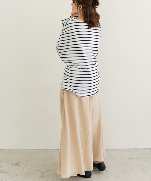 chocomee（チョコミー）の「chocomee tag loose border tops/chocomeeタグlルーズボーダートップス（Tシャツ/カットソー・レディース・ホワイト/ブラウン/ベージュ・FREE）」の16枚目の写真