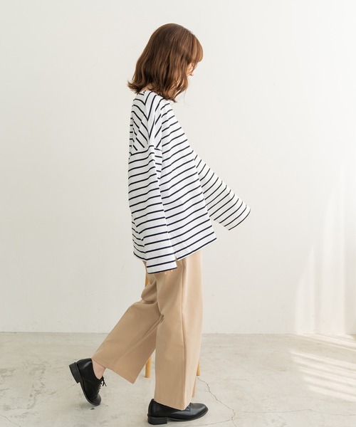 chocomee（チョコミー）の「chocomee tag loose border tops/chocomeeタグlルーズボーダートップス（Tシャツ/カットソー・レディース・ホワイト/ブラウン/ベージュ・FREE）」の5枚目の写真