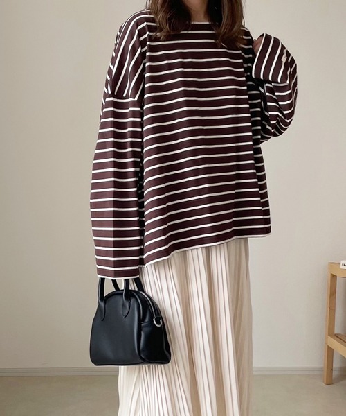 chocomee（チョコミー）の「chocomee tag loose border tops/chocomeeタグlルーズボーダートップス（Tシャツ/カットソー・レディース・ホワイト/ブラウン/ベージュ・FREE）」の8枚目の写真