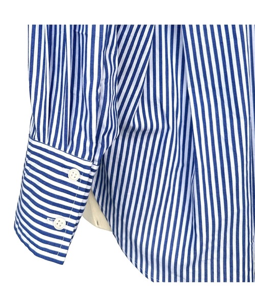 RUIRUE BOUTIQUE(ルイルエブティック)の「洗える | ストライプオーバーサイズ長袖シャツ | 長袖 スタンドカラー トップス 体型カバー オーバーサイズ オフィスカジュアル 通勤服 華やか ストライプ シャツ(シャツ/ブラウス・レディース・ブルー/ブラック/グリーン・L/M/XS/S)」の14枚目の写真