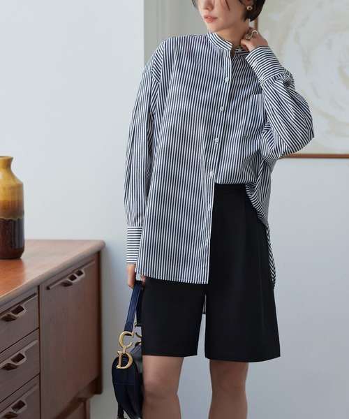 RUIRUE BOUTIQUE(ルイルエブティック)の「洗える | ストライプオーバーサイズ長袖シャツ | 長袖 スタンドカラー トップス 体型カバー オーバーサイズ オフィスカジュアル 通勤服 華やか ストライプ シャツ(シャツ/ブラウス・レディース・ブルー/ブラック/グリーン・L/M/XS/S)」の22枚目の写真