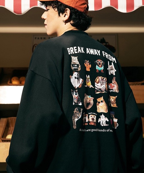 オーバーサイズ アニマル柄 (猫、犬、うさぎ) ネコ柄裏毛トレーナー（スウェット）｜WESTSEA（ウエストシー）