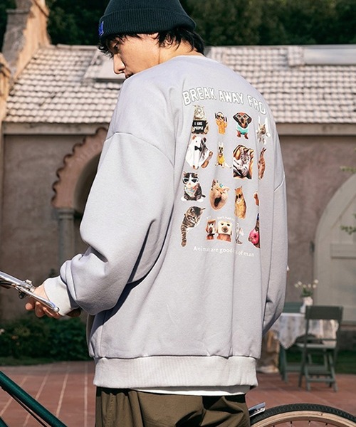 オーバーサイズ アニマル柄 (猫、犬、うさぎ) ネコ柄裏毛トレーナー（スウェット）｜WESTSEA（ウエストシー）