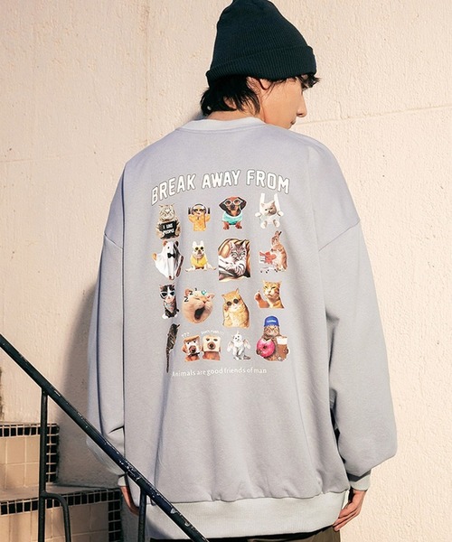 オーバーサイズ アニマル柄 (猫、犬、うさぎ) ネコ柄裏毛トレーナー（スウェット）｜WESTSEA（ウエストシー）