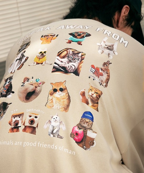 オーバーサイズ アニマル柄 (猫、犬、うさぎ) ネコ柄裏毛トレーナー（スウェット）｜WESTSEA（ウエストシー）