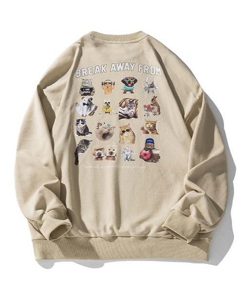 オーバーサイズ アニマル柄 (猫、犬、うさぎ) ネコ柄裏毛トレーナー（スウェット）｜WESTSEA（ウエストシー）