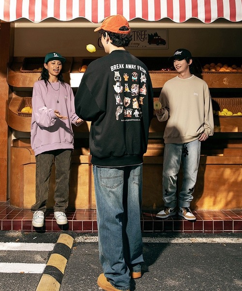 オーバーサイズ アニマル柄 (猫、犬、うさぎ) ネコ柄裏毛トレーナー（スウェット）｜WESTSEA（ウエストシー）