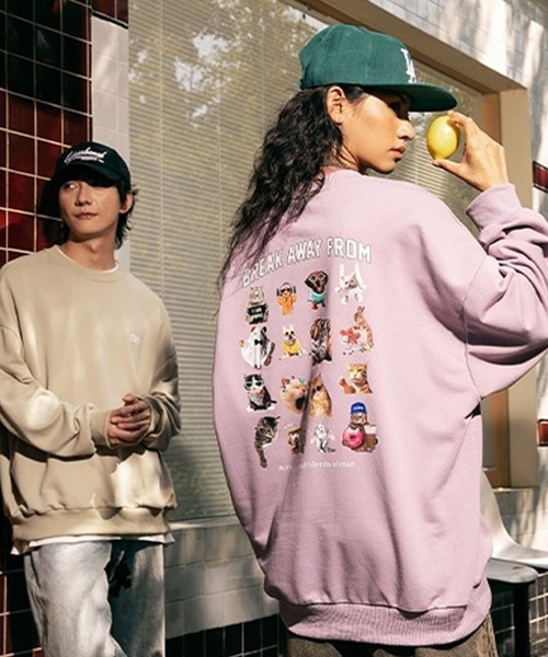 オーバーサイズ アニマル柄 (猫、犬、うさぎ) ネコ柄裏毛トレーナー（スウェット）｜WESTSEA（ウエストシー）