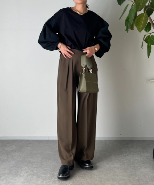 un dix cors(アンディコール)の「2重織2タックワイドパンツ(スラックス・レディース・モカ/ブラック・FREE/S)」の12枚目の写真