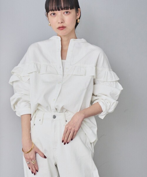 coen（コーエン）の「デニムフリルブラウス（シャツ/ブラウス・レディース・コバルトブルー/オフホワイト/ライトブルー・L/M）」の4枚目の写真